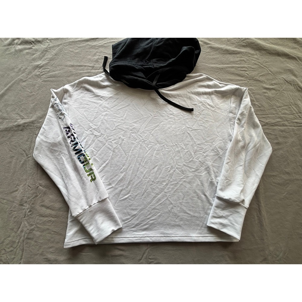 Under Armour Womens Small White Black Colorblock Hooded Long Sleeve Logo Shirt